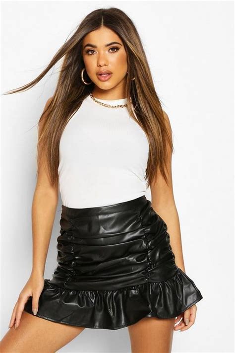 ruched front faux leather mini skirt boohoo