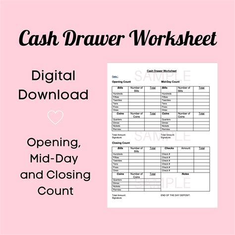 Cash Drawer Worksheetdrawer Count For Business Etsy