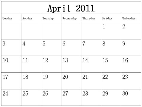 April 2011 Calendar Template