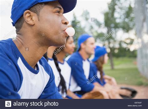 Baseball Player Blowing Bubble Gum Bubble On Field Stock Photo Alamy
