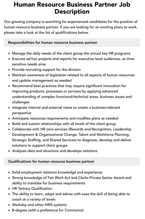 Human Resource Business Partner Job Description Velvet Jobs