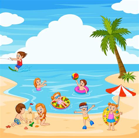 Niños Felices De Dibujos Animados Jugando En La Playa 8916617 Vector En Vecteezy