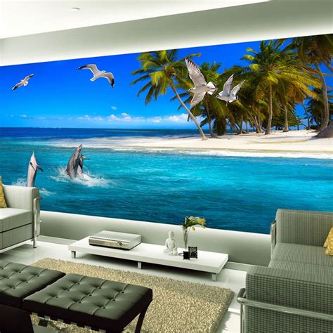 Custom 3d Photo Wallpaper Murals Sunshine Sea Water Beach Coconut Tree