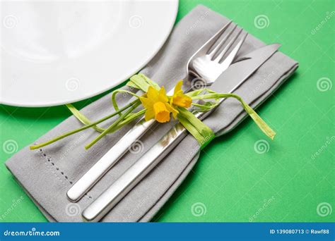 Table Place Setting In Bright Green Gray Linen Napkin And White Plate