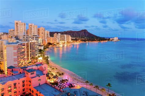 Hawaii Oahu Waikiki View Of Hotels Along Ocean And Diamond Head In