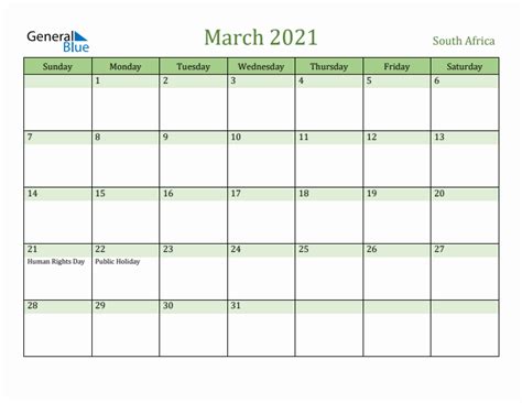 March 2021 Monthly Calendar With South Africa Holidays