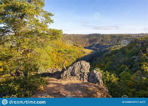 Rocky Viewpoint Over Valley And Colorful Autumn Forests Stock Image