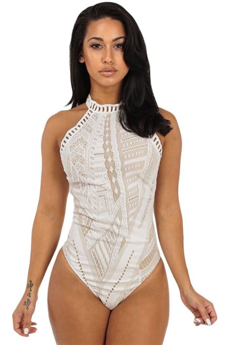 Sexy Halter Neck White Lace Sleeveless Bodysuit Online Store For Women Sexy Dresses