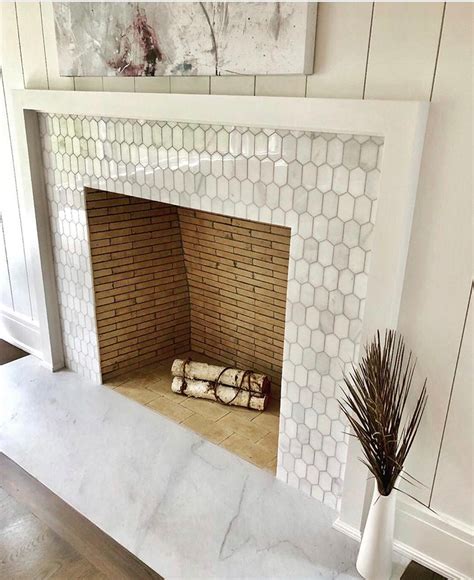 Elongated Hexagon Mosaic Fireplace Makeover Brick Fireplace Makeover Fireplace Tile Surround