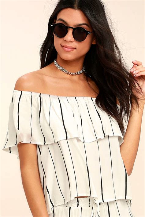 Chic White Striped Top Off The Shoulder Top Striped Blouse 38 00 Lulus