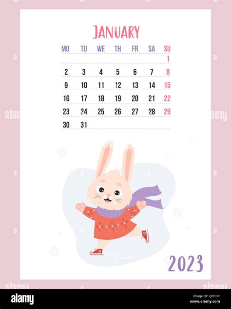 January 2023 Calendar Cute Winter Bunny In Knitted Clothes Is Skating