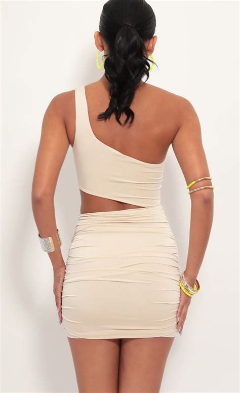 Champagne Showers One Shoulder Ruched Cutout Dress In Champagne Lucy In The Sky