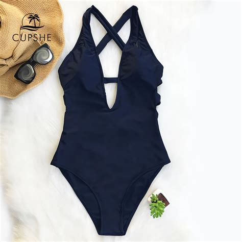 Free Shipping Cupshe Dark Blue Cross Solid One Piece Swimsuit Women Deep V Neck Backless Sexy