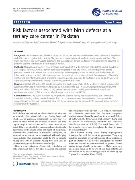 Pdf Risk Factors Associated With Birth Defects At A Tertiary Care