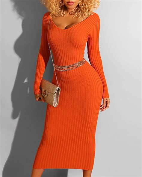 Solid Long Sleeve Ribbed Bodycon Dress