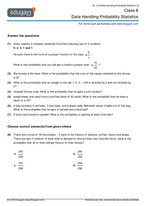 Probability Worksheet For Grade 8 Probability Worksheets K5 Learning