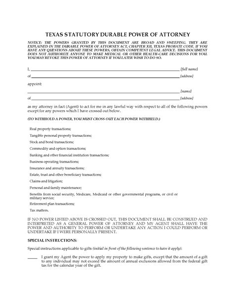 Texas Statutory Durable Power Of Attorney Legal Forms And Business Templates Megadox Com
