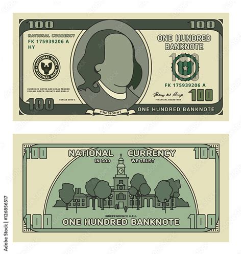 Cartoon 100 Currency Us Dollar Banknote Backside Of One Hundred
