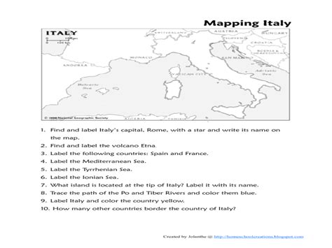 Map Of Italy Worksheet For 4th 6th Grade Lesson Planet