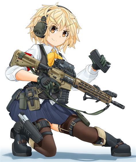 Safebooru 1girl Ar 15 Armband Assault Rifle Bangs Black Footwear Blonde Hair Blouse Blue Skirt