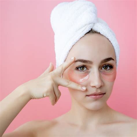 Portrait Of Beauty Woman With Eye Patches On Pink Background Woman Beauty Face With Mask Under