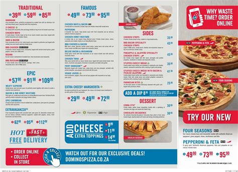 Dominos pizza is known for using quality ingredients to make each item on the menu, which includes various pizza styles and toppings, buffalo wings, cheese sticks and delicious desserts for the perfect treat. Domino's Pizza Menu Prices & Deals