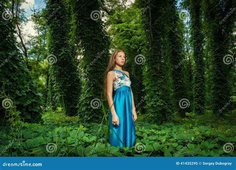 Beautiful Girl In A Long Blue Dress Posing In A Summer Stock Image Image Of Park Beautiful