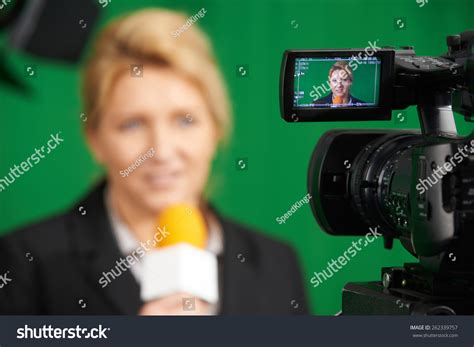 Female Journalist Presenting Report Television Studio Stock Photo