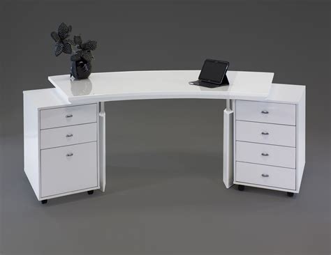 Detailed with metal ring drawer pulls finished in black. Modern Curved White Lacquer Executive Desk with Two Mobile ...