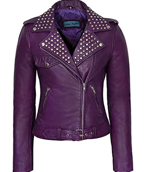 Womens Purple Studded Moto Leather Jacket Jackets Creator