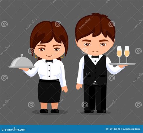 Waiter And Waitress Girl And Boy In Uniform Holding A Tray Kawaii