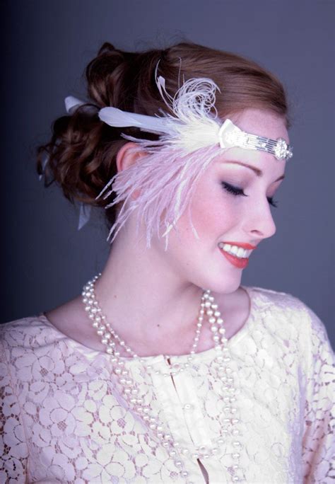 Flapper Feather Headband Silver And Champagne Pink Vintage Hair