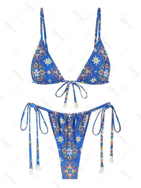 zaful women s vintage floral print shell design tie front triangle string tanga bikini two piece