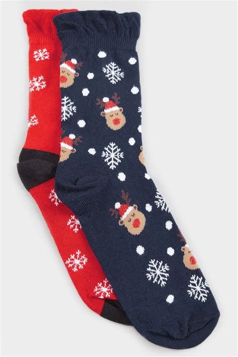2 Pack Re And Navy Christmas Reindeer T Socks Wide Fit Sizes 4 To 11
