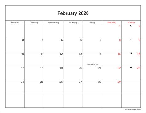 February 2020 Calendar Printable With Bank Holidays Uk