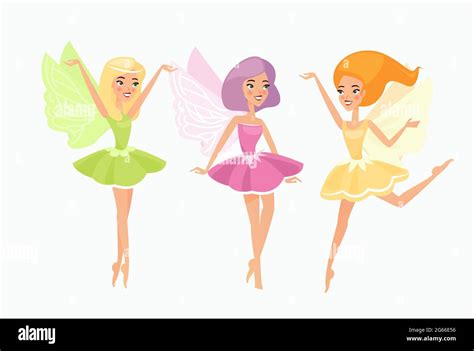 Magic Fairies Flat Vector Illustrations Set Cute Fairytale Creatures