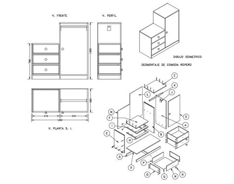 Wooden Cabinet All Sided And Isometric Elevation Cad Drawing Details
