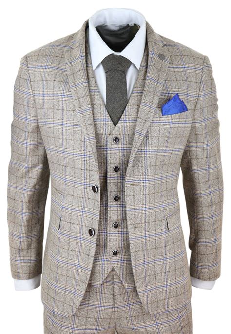 Mens Beige 3 Piece Tweed Check Suit | Happy Gentleman