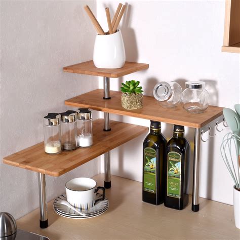 3 Tier Kitchen Desktop Corner Shelving Unit Bamboo And Stainless Steel