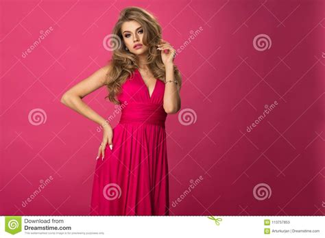 Beauty Woman Wear Pink Dress Over Pink Wall Stock Image Image Of