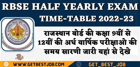 Rajasthan Class 9th 12th Half Yearly Exam Time Table 2022 अर्द्धवार्षिक