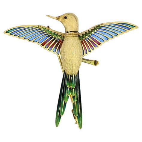 Hummingbird Articulated Head And Wings Plique A Jour Enamel 18k Brooch