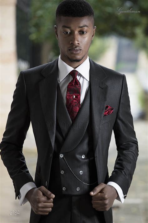 Bespoke Italian Men Suit For Groom In Black Red Pinstriped Suit Ongala