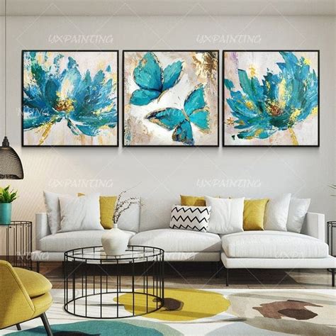 Set Of 3 Wall Art Abstract Floral Butterfly Blue Art Framed Paintings