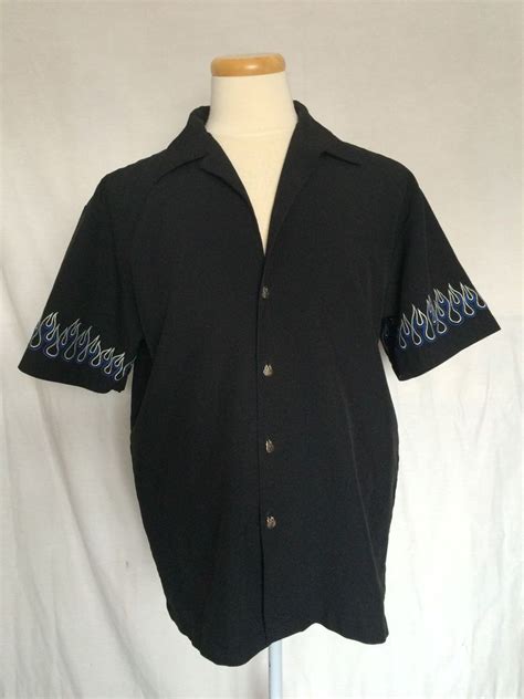 Bar Fly Bowling Shirt Sz Large Black Embroidered Flames Short Sleeves