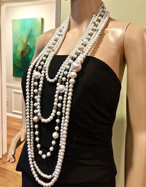 Extra Long Glass Pearl Necklace Five Layers Pearl Necklace Etsy In 2020 White Pearl