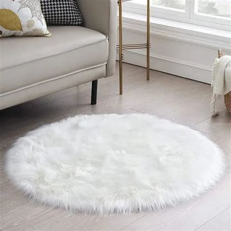White Modern Cotton Fry Faux Fur Circle Rug Mat Size 63l X 63w
