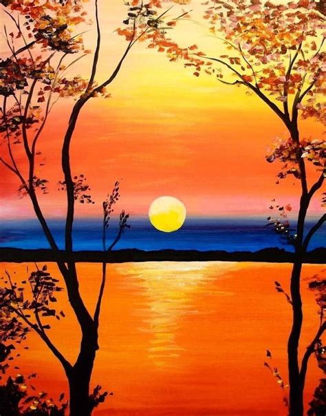 Sunset Over The Ocean Acrylic Flower Painting Two Tall Trees At The