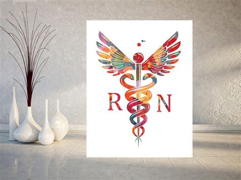 Rn Registered Nurse Caduceus Watercolor Print Nursing Emblem Medical