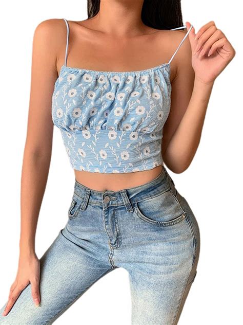 Womens Cute Crop Cami Top Sexy Spaghetti Strap Sleeveless Floral Print Smocked Tank Top
